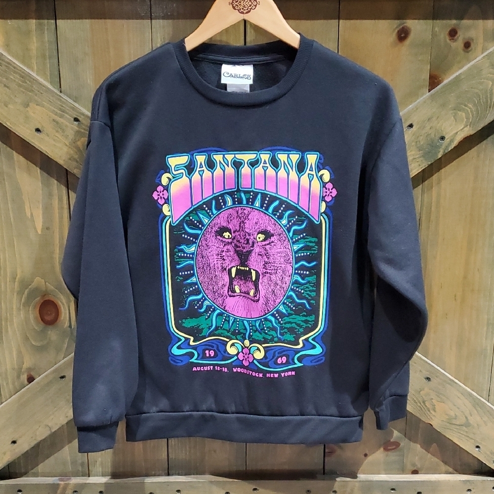 Carlos Santana Black Graphic Crewneck Sweatshirt 1969 Woodstock Concert Lion Sun